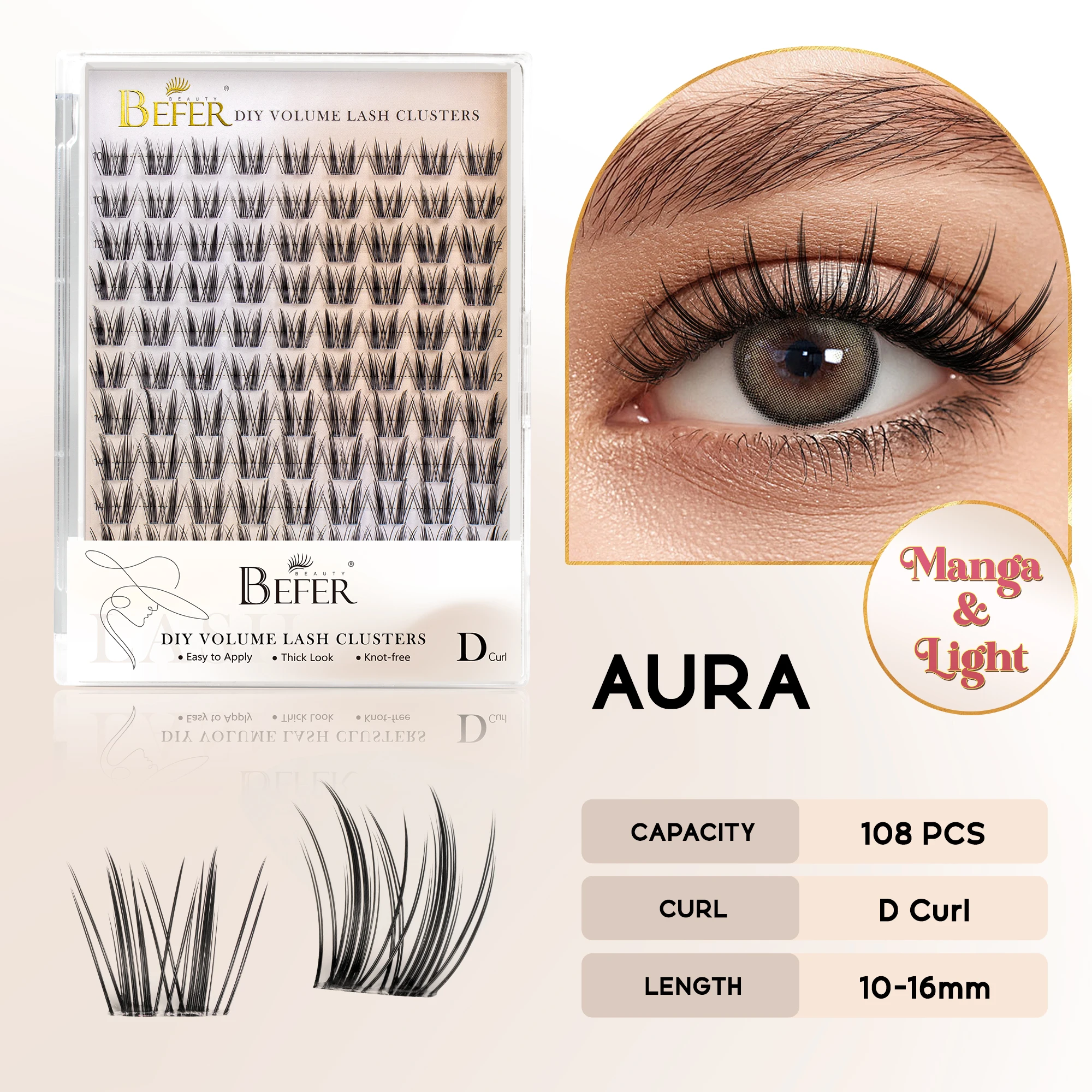 BEFER Cluster-Wimpern D-Curl DIY Wimpernverlängerung Manga-Wimpern-Cluster Flauschiges Volumen Individuelle Natürliche Falsche Wimpern-Cluster