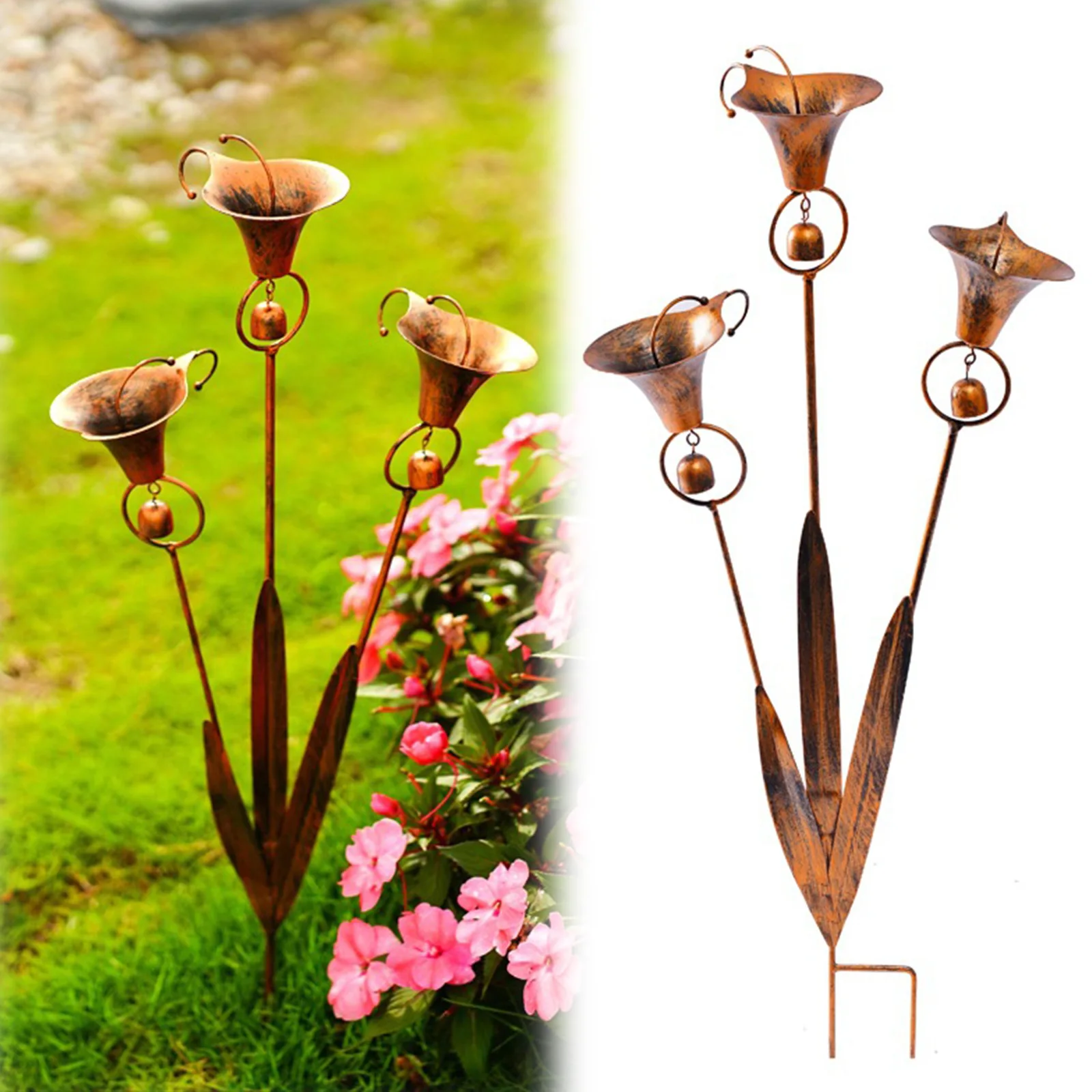 Flamed Copper Three Calla Lilies Garden Stake with Bells Handmade Metal Triple Bluebells Garden Stakes for Outdoor Lawn Patio
