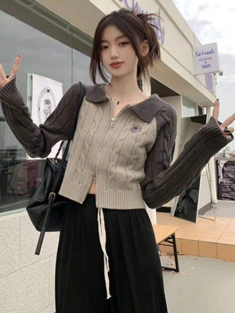 Vintage Contrast Color Knitted Cardigan Slim Double Zipper Basic Cropped  Y2k Aesthetic Twist Turn Down Collar Top Women