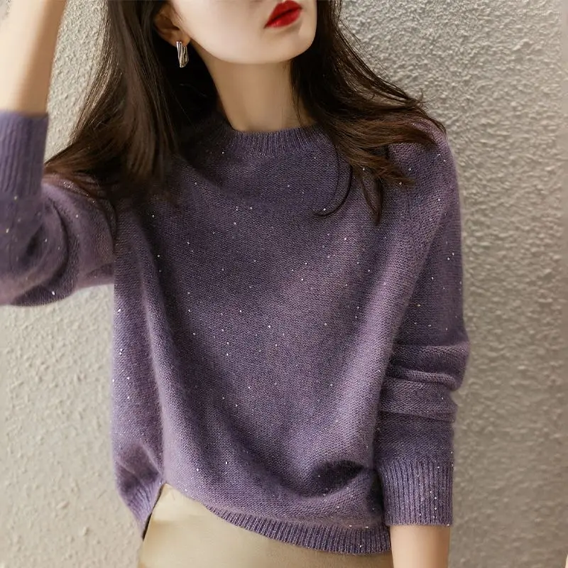 Fashion O-Neck Korean Solid Color Sequined Sweaters Women Clothing 2024 Spring New Loose Knitted Commuter Pullovers Casual Tops