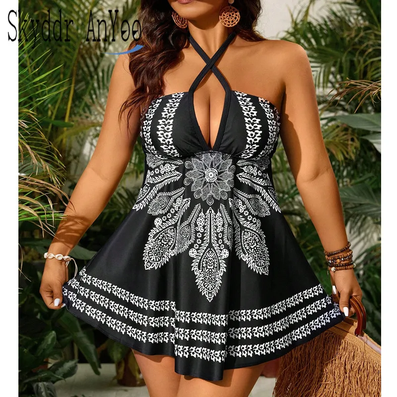 Printed Vintage Two Piece Women\'s Swimsuit Plus Size Tankini Swimwear Bandage Sexy Beach Tunic Swimdress Bathing suit