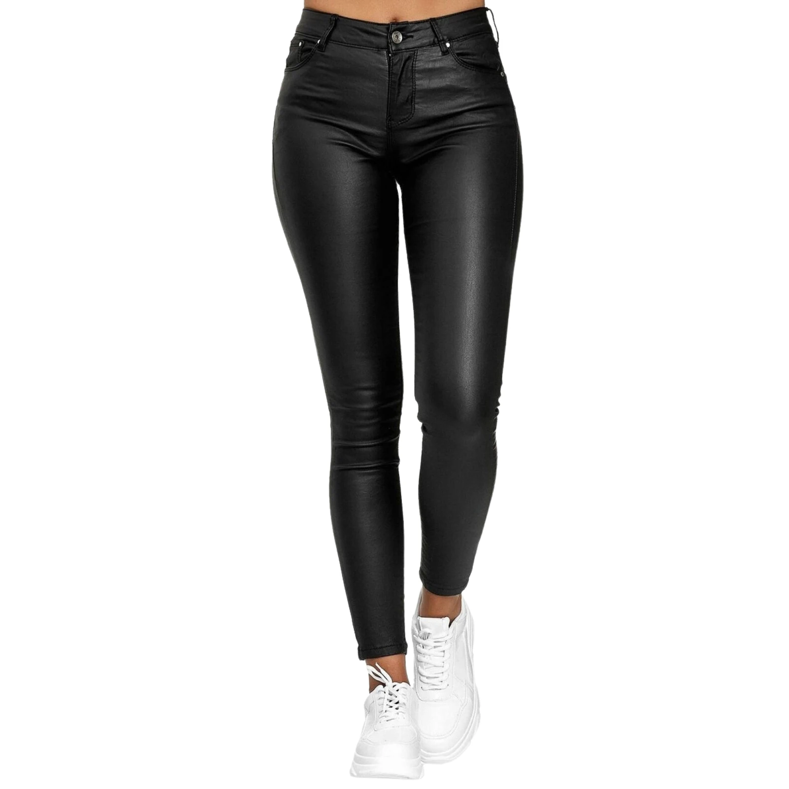 Edhomenn Dames Massief Pu Lederen Leggings Slim Fit Hoge Taille Leren Broek Met Zakken