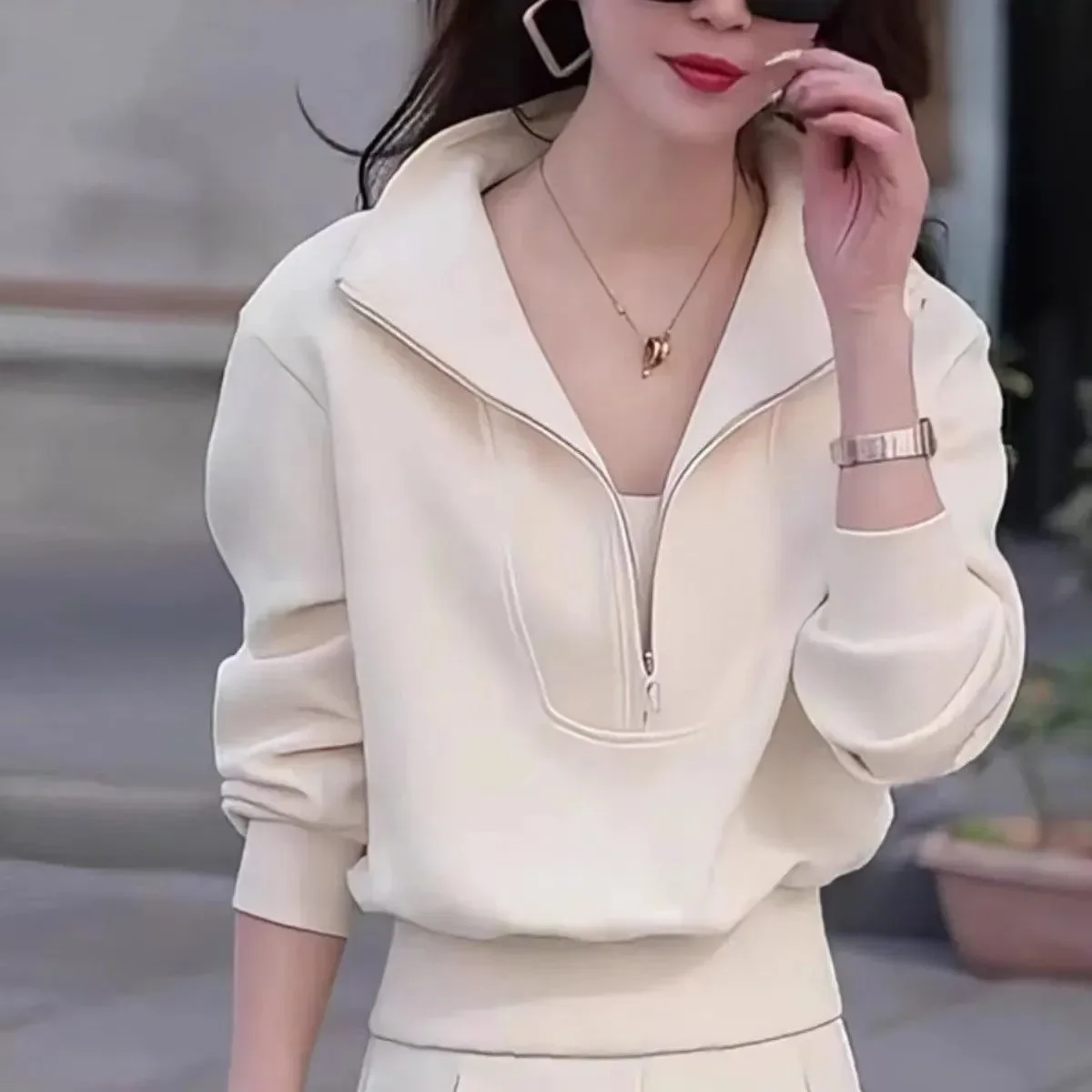 

Толстовка с вертикальным воротником и полумолнией, женская верхняя одежда, весенне-осенний новый свитшот, свободный топ с узкой талией и длинными рукавами для похудения