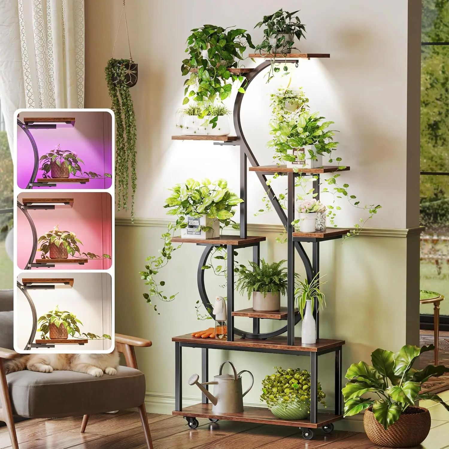 

65-дюймовая 9-ярусная подставка для комнатных растений с подсветкой для выращивания, форма музыкальной ноты, коричневая угловая полка в деревенском стиле для гостиной