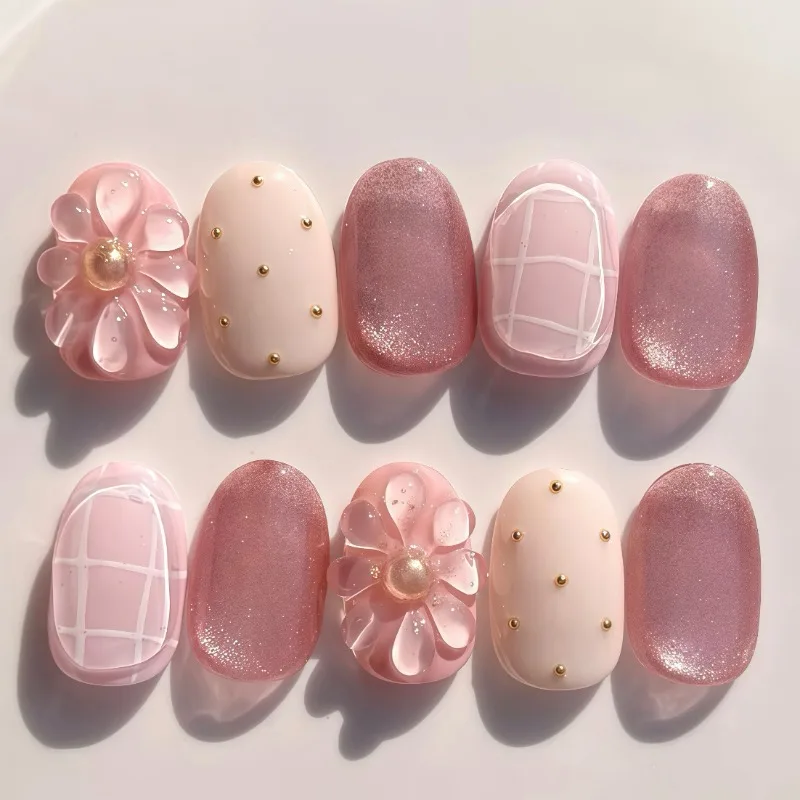 

24PCS Sweet Pink 3D Flower Plaid Fake Nails Spring Summer Short Almond Press on Nails Korean Style Daily Manicure Wearable Nails