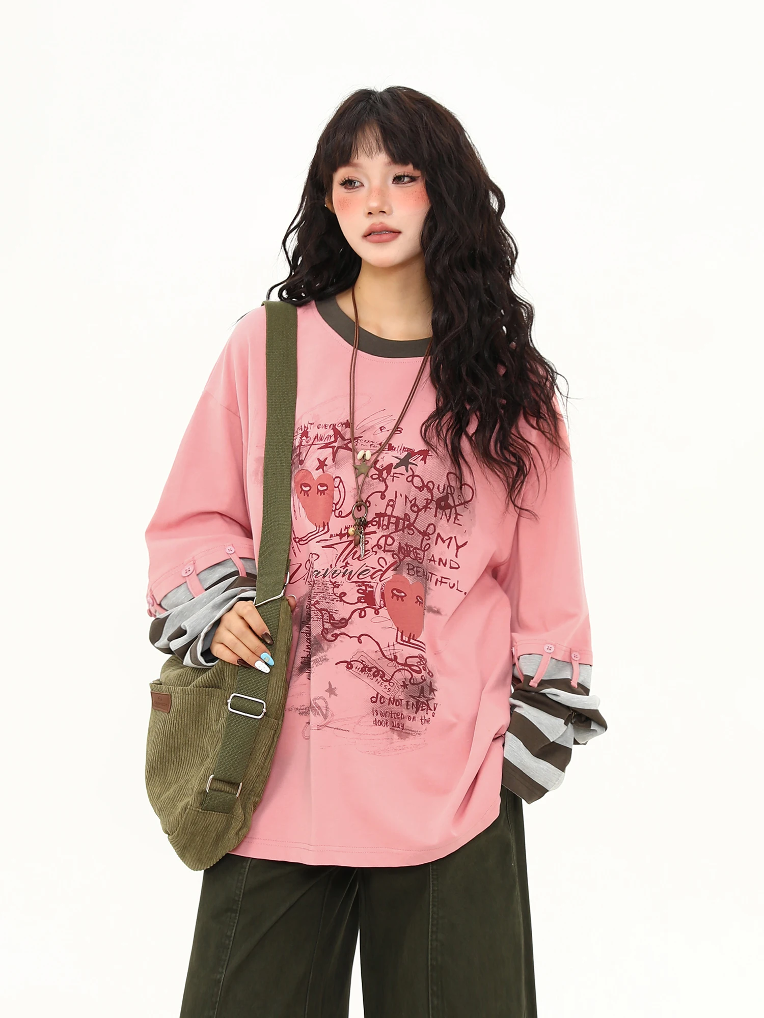 

Футболка Wild Aziza American Retro Splicing Sve Long Sve, женская осенне-зимняя универсальная футболка базового слоя irt Street Sle Pr...