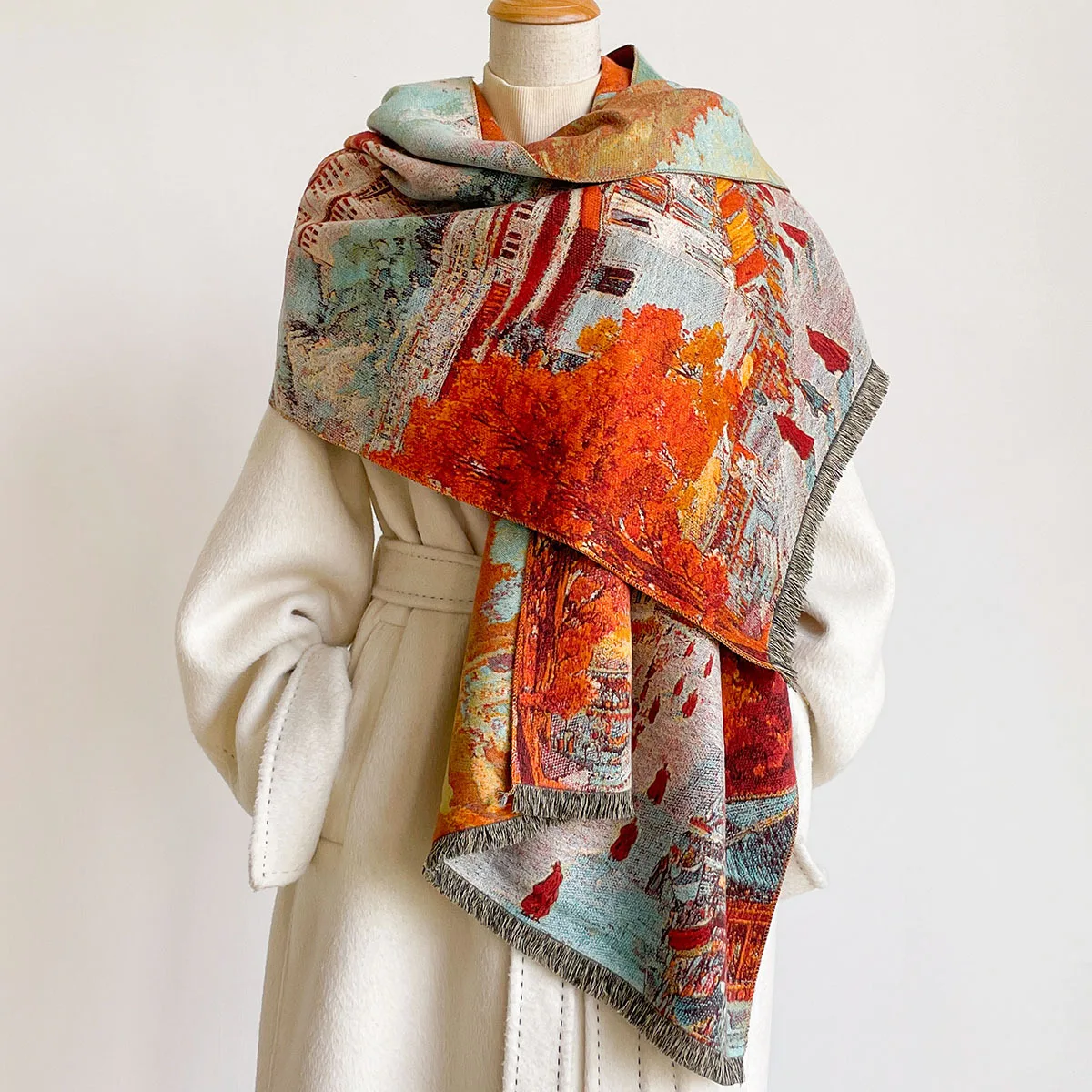 Women Luxury Faux Cashmere Scarf Oil Painting Pattern Warm Thick Pashmina Blanket Poncho Fashion Print for Autumn Winter Echarpe