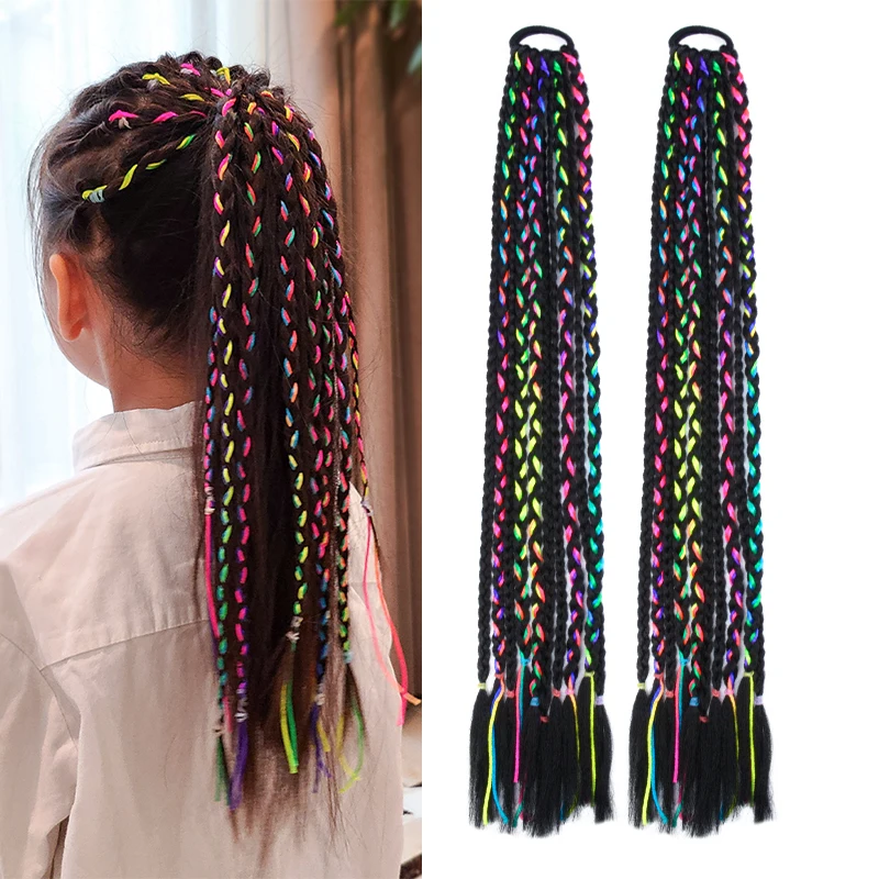 Meisjes Gekleurde Doos Gevlochten Paardenstaart Met Elastische Rubberen Band Hair Extensions Regenboog Kleur Kids Box Pruik Pigtail Haarstuk