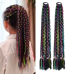 Girls Colored Box Braided Ponytail With Elastic Rubber Band Hair Extensions Rainbow Color Kids Box Wig Pigtail Hairpiece