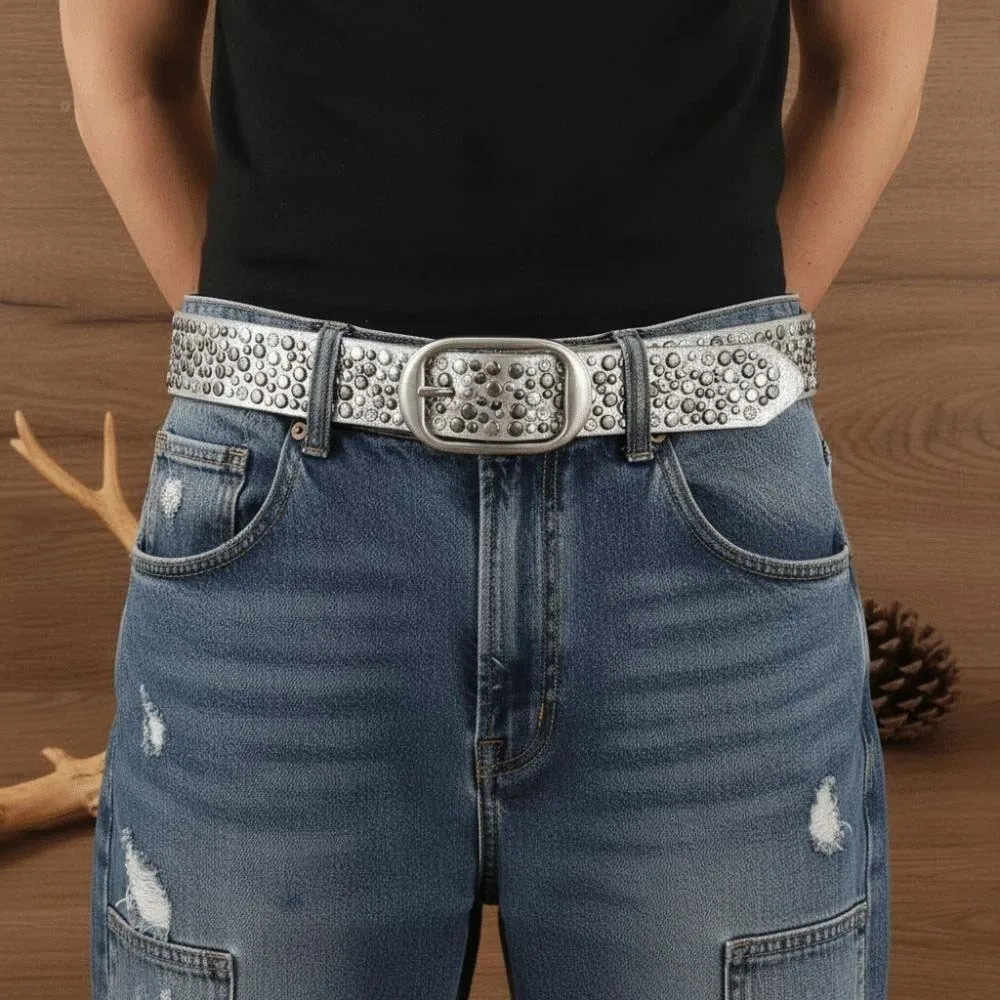 Randomly Placed Gothic Waiststrap Multi-Toned Matt Finish Rivet Leather Belt Aged Bronze Texture Rich Multi-Size Nailhead Belt