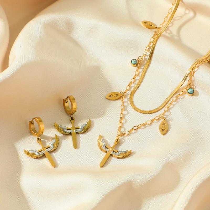 EILIECK 316L Edelstahl Phoenix-Blumen-Kreuz Geometrische Halskette Ohrringe für Damen Modisches Wasserdichtes Schmuckset Hochzeit – Detail 25