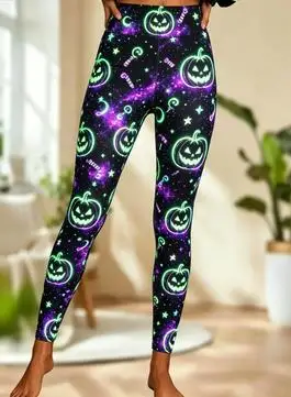 Women Mid‑Rise Fleece Lined Leggings, Halloween Starry Sky Moon Purple Pumpkin Print Slim Stretch Pants