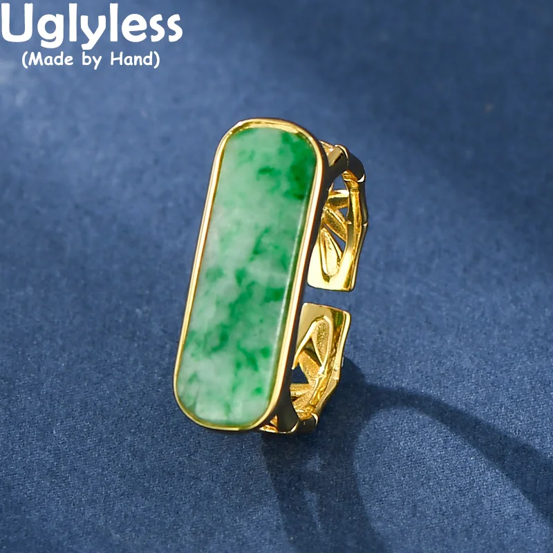 

Uglyless Saddle-shaped Long Rectangle Rings for Women Luxury Natural Jadeite Rings Hollow Gold Plated Bamboo Jewelry 925 Silver