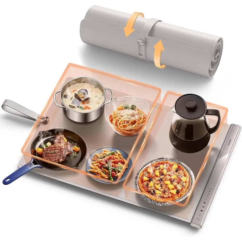 Dual Heating Zones Food Warming Mat with 4 Temp Settings Easy Clean Silicone Auto Shut-Off Timer Portable Electric Food Warmer