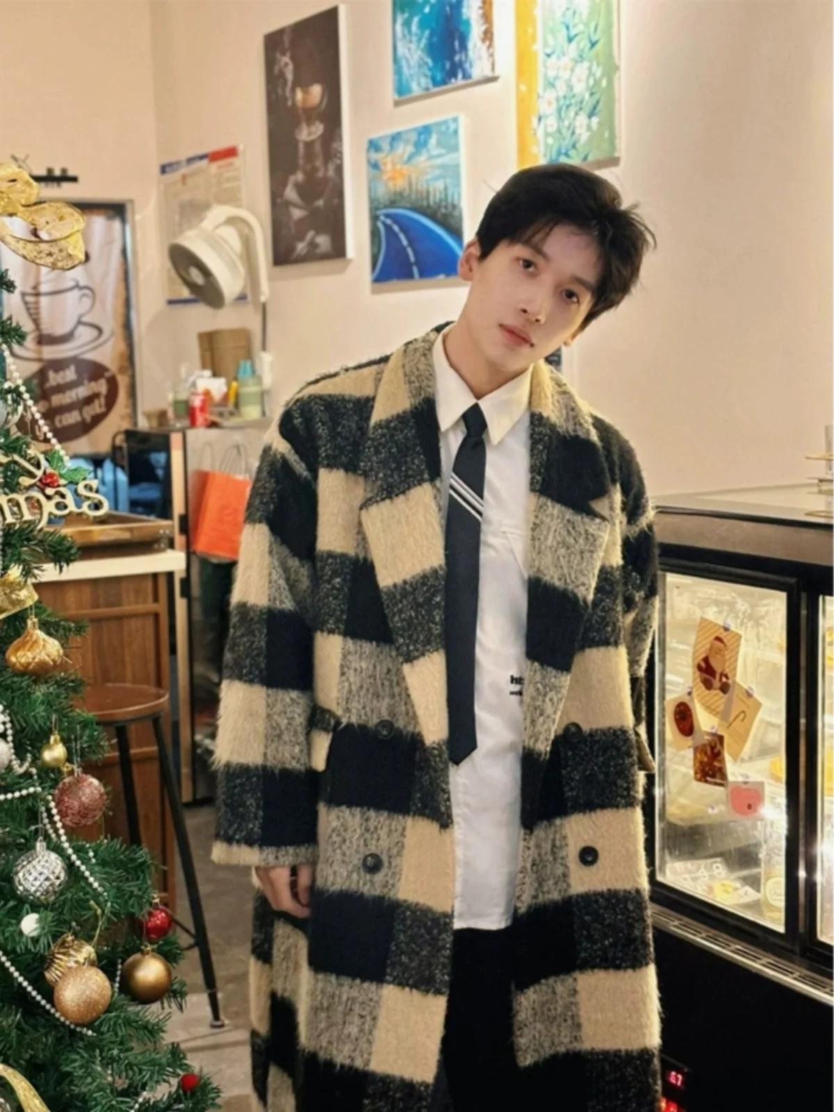 

Стильное зимнее мужское шерстяное пальто средней длины, двубортное, приталенное, повседневное, в корейском стиле, верхняя одежда