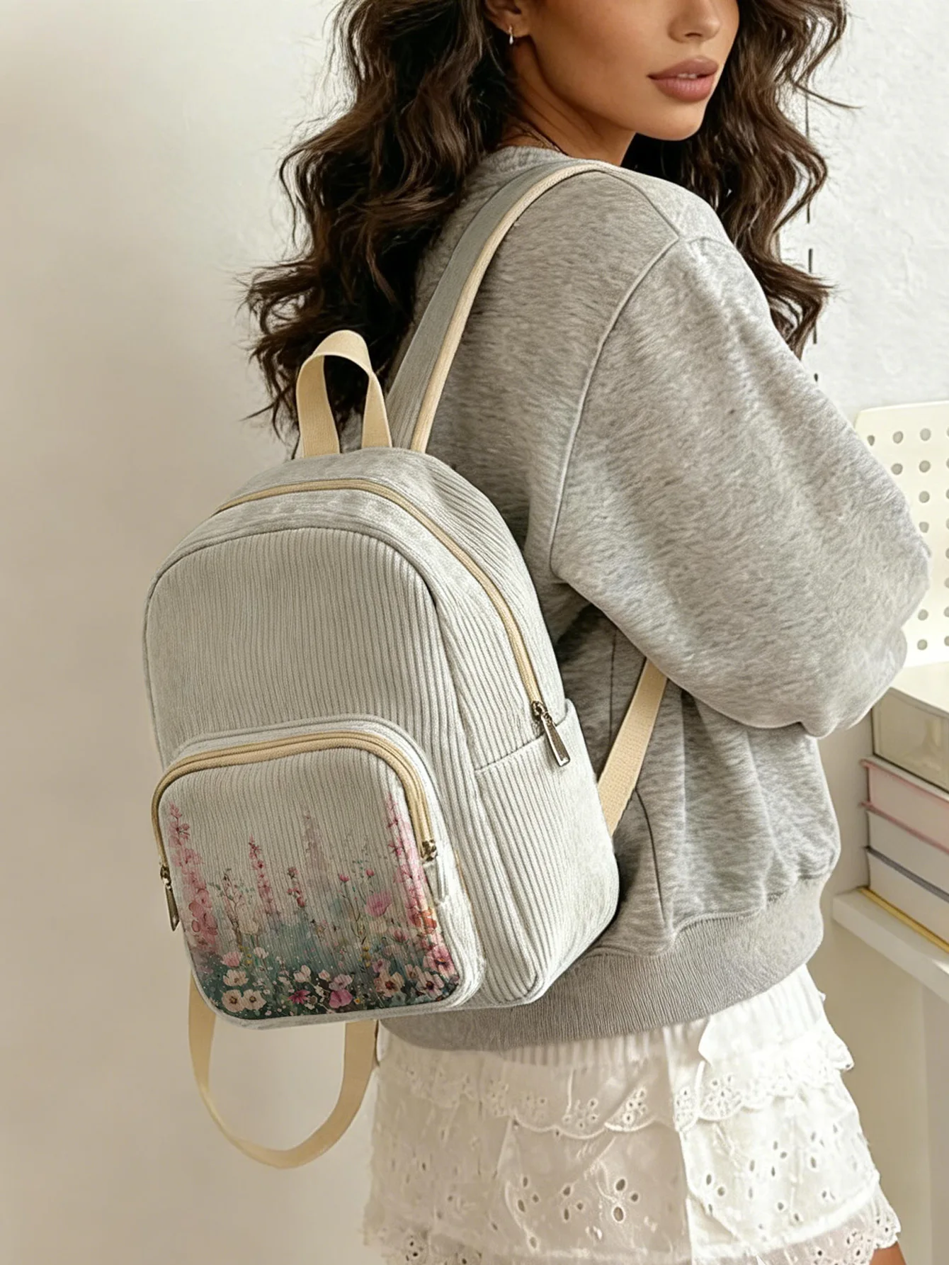 Purple Floral & Butterfly Print Women Fashion Backpack Corduroy Multi-pocket Large Capacity Commuter Bag