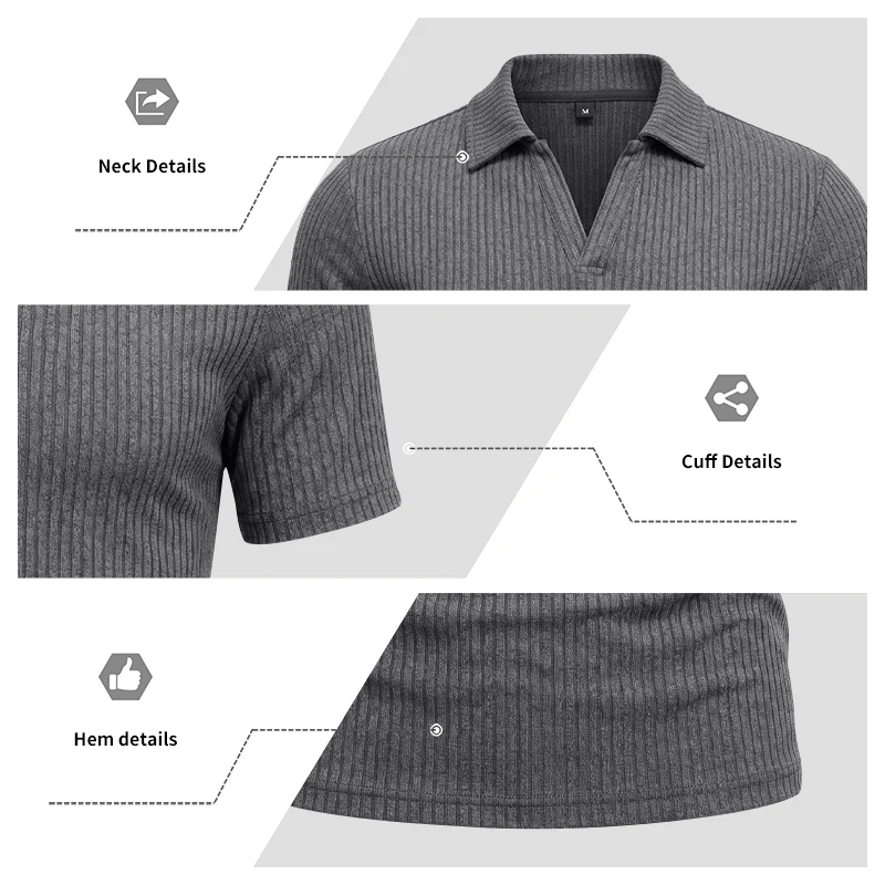 Herren 1-teiliges Gestricktes V-Ausschnitt Kurzarm Slim-Fit Atmungsaktives Eisseide Schnelltrocknendes Golf Business Casual Poloshirt – Detail 17