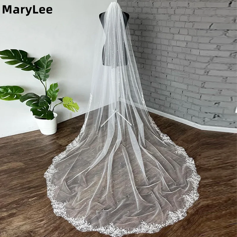 

3 Meters Pearls Wedding Veil with Partial Floral Lace Applique 1 Tier Long White Ivory Bridal Veil with Comb Wedding Accessories