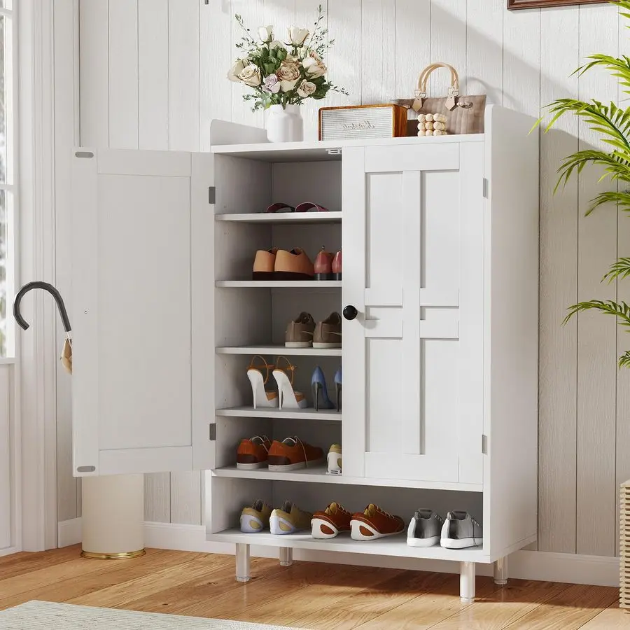 

Shoe Cabinet with Doors, 6Tier Wooden Shoe Organizer with Adjustable Shelves, Entryway Storage Cabinet with Metal L Customizable