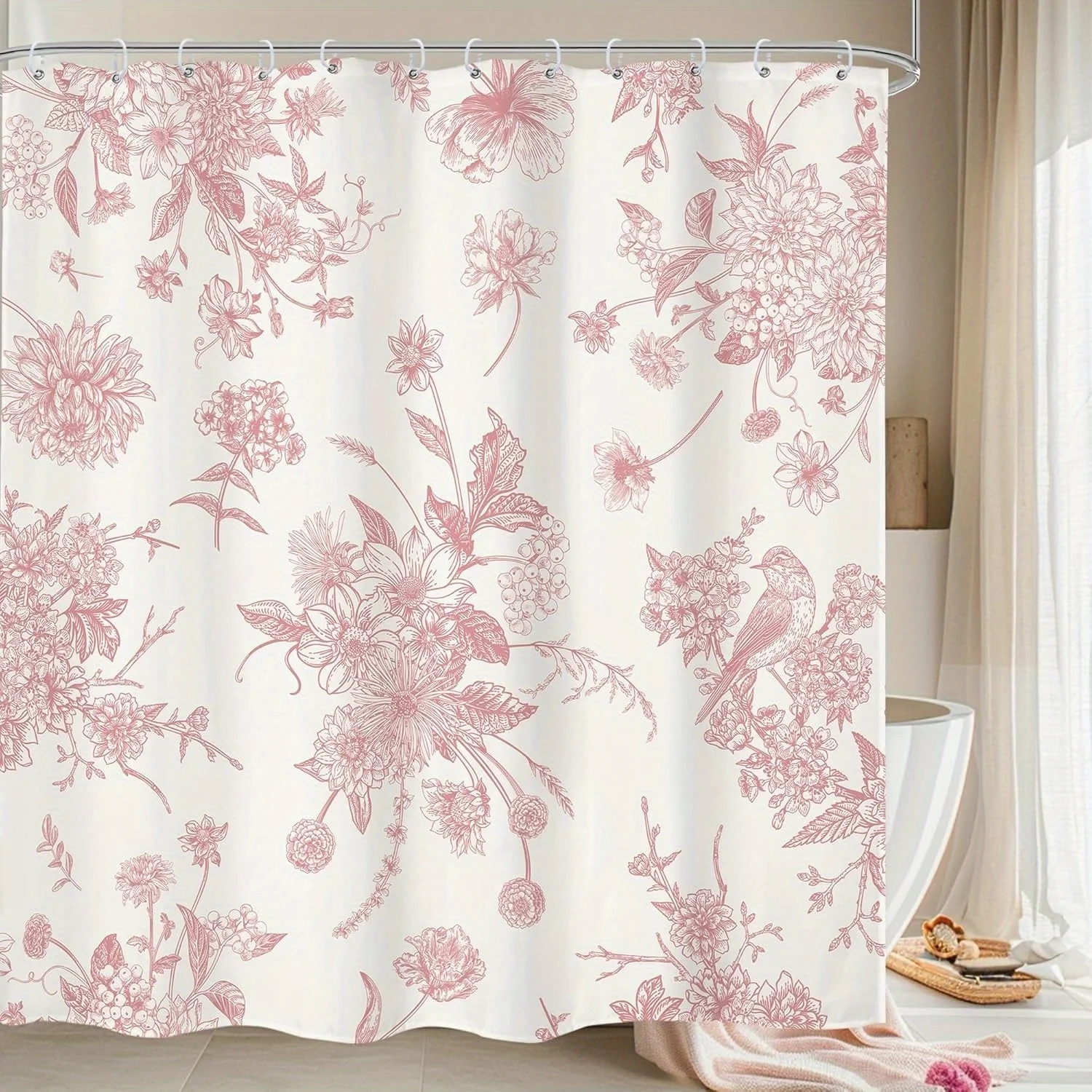 

Цельная розовая занавеска для душа с цветочным принтом, полиэфирная ткань, можно стирать в машине, с крючком, подходит для украшения ванной комнаты