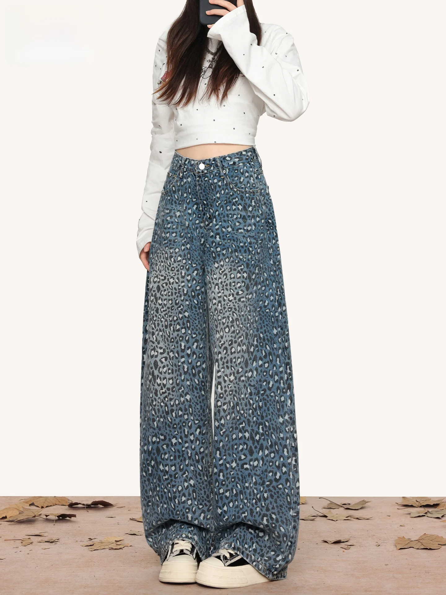 

Retro American Leopard Spot Wide Leg Jeans Women's Summer New Design Casual Straight Blade Pants High Waist Button Fastening ...