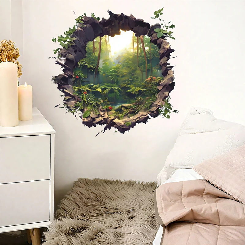 Deep forest scenery, broken walls, wall decorations, stickers for bedroom, living room, corridor beautification, wall stickers