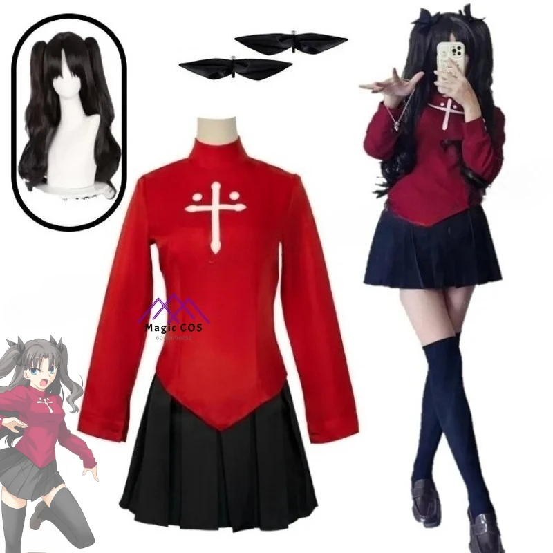 

Anime Fate Stay Night Tohsaka Rin Cosplay Costume Long Wig Red Black Skirt Set for Women Carnival Suit Role Play Halloween Dress