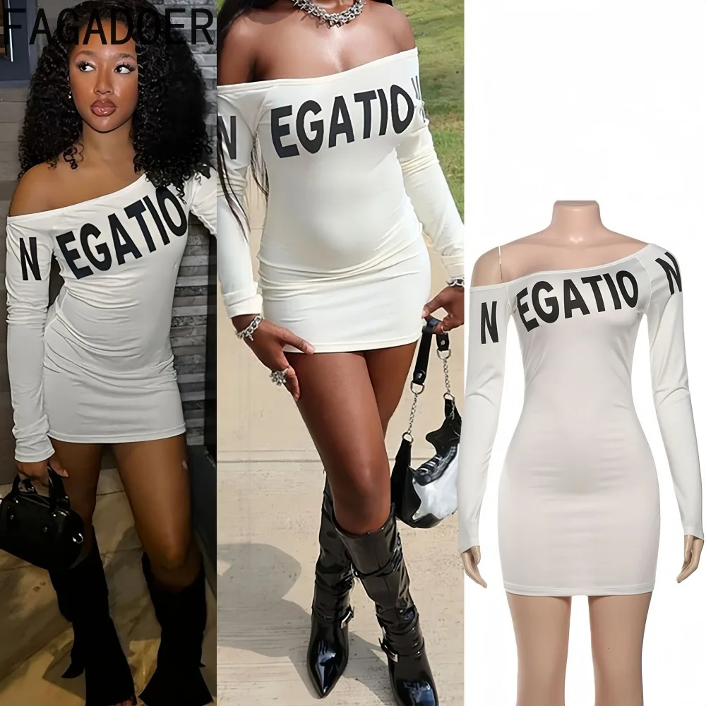 

FAGADOER Sexy Letter Printting Bodycon Dresses for Woman Off Showlder Backless Long Sleeve Dress Female Streetwear Vestidos New