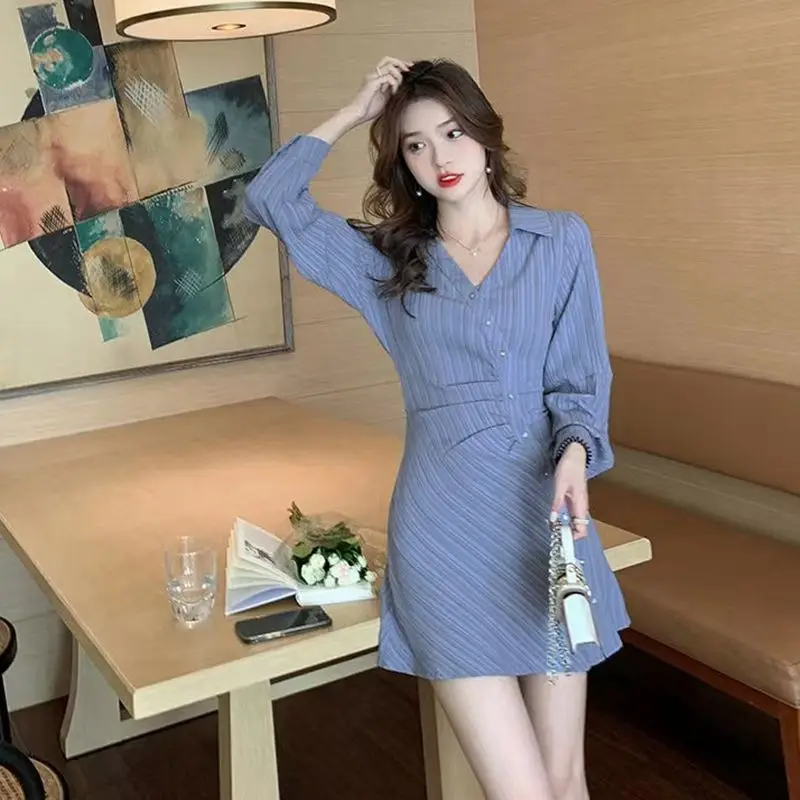 Spring New Temperament Striped Shirt Dress for Women with a Cinched Waist to Show Off Thinness and Cover Flesh Skirt