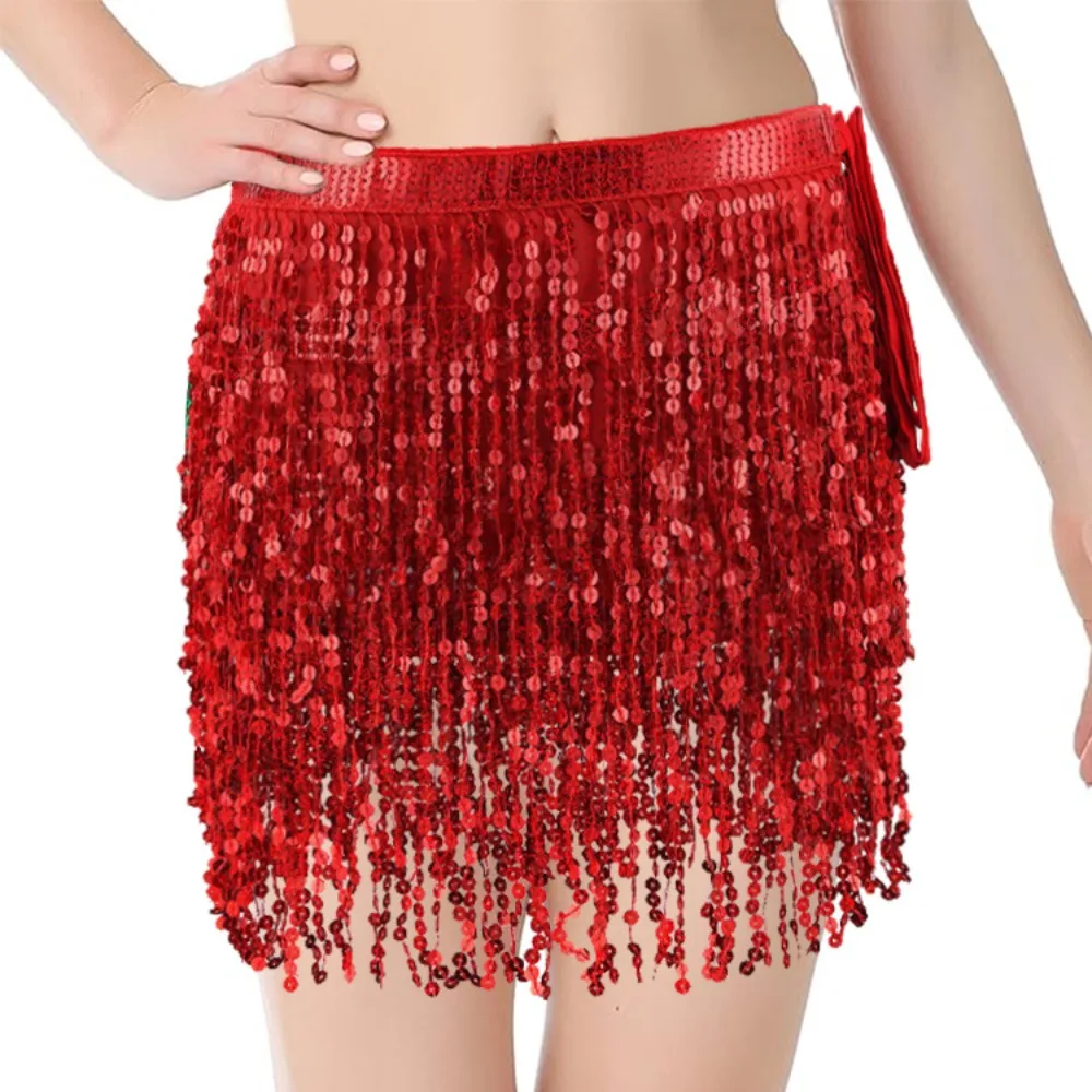 

Женская мини-юбка для танца живота - блестящий шарф с кисточками и блестками, сексуальный костюм для выступлений, юбка для танцевальных шоу