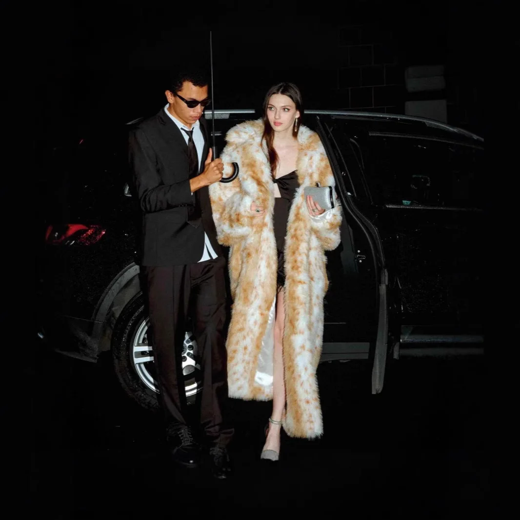 Fur Coat Women Leopard Faux Fur Cardigan Open Stitch Outerwear Turn Down Collar Long Sleeve Spliced Windbreaker 2025 Winter
