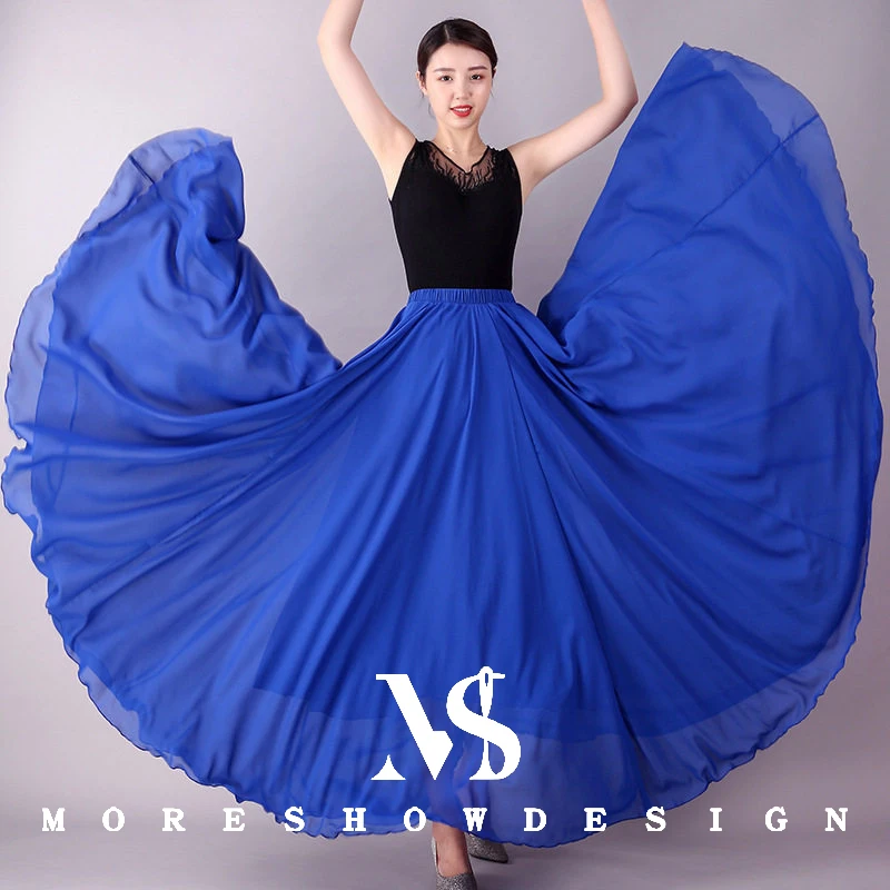 คลาสสิกเต้นรํากระโปรงชีฟองผู้หญิง 720 องศา Double Layer ขนาดใหญ่ Swing พื้นบ้านเต้นรํากระโปรงยาวกระโปรงเต้นรําอุปกรณ์เสริม