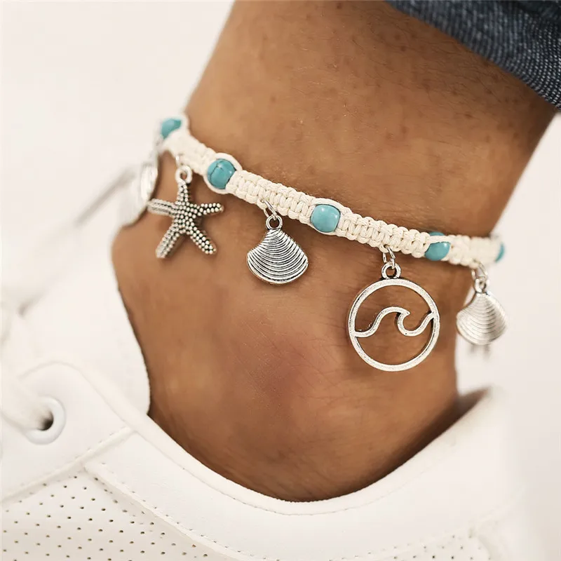 YOBEST Bohemian Starfish Stone Anklets Set For Women Vintage Handmade Wave Anklet Bracelet on Leg Beach Ocean Jewelry