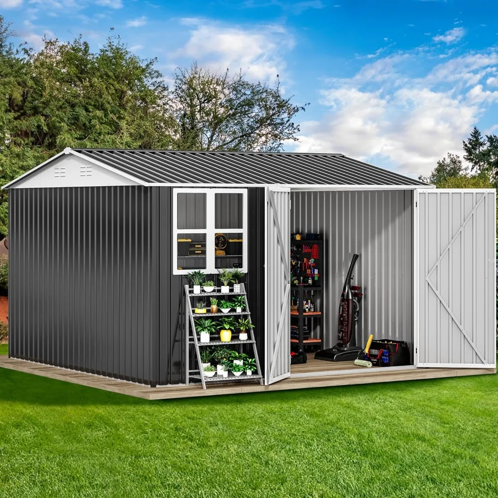 

10x10ft Metal Outdoor Storage Shed with Windows, Lockable Tool Storage Shed, Oversized Steel Garden Shed with Pitched Roof