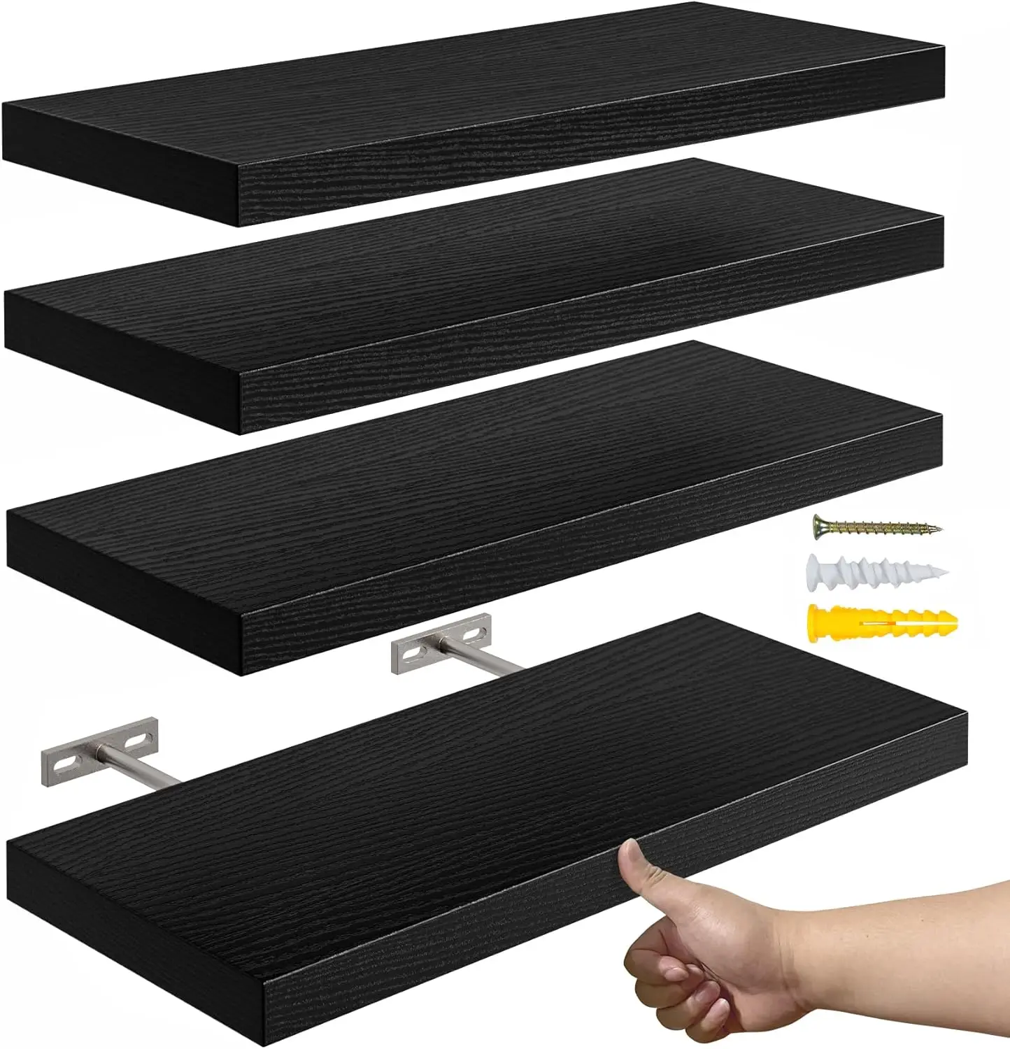 

16’’Black Floating Shelves for Wall Set of 4,Rustic Wood Shelf for Room Decor/Storage/Display,Small Bookshelf,Wall Mo