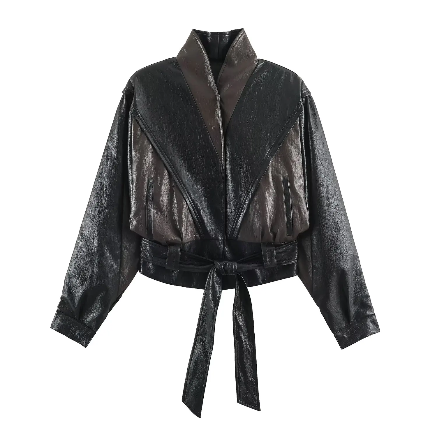 Leather Effect PU Jacket with Belt Stand Collar Long Sleeve Short Coat for Women Winter Fashion Ladies' Simulated Leather Coat