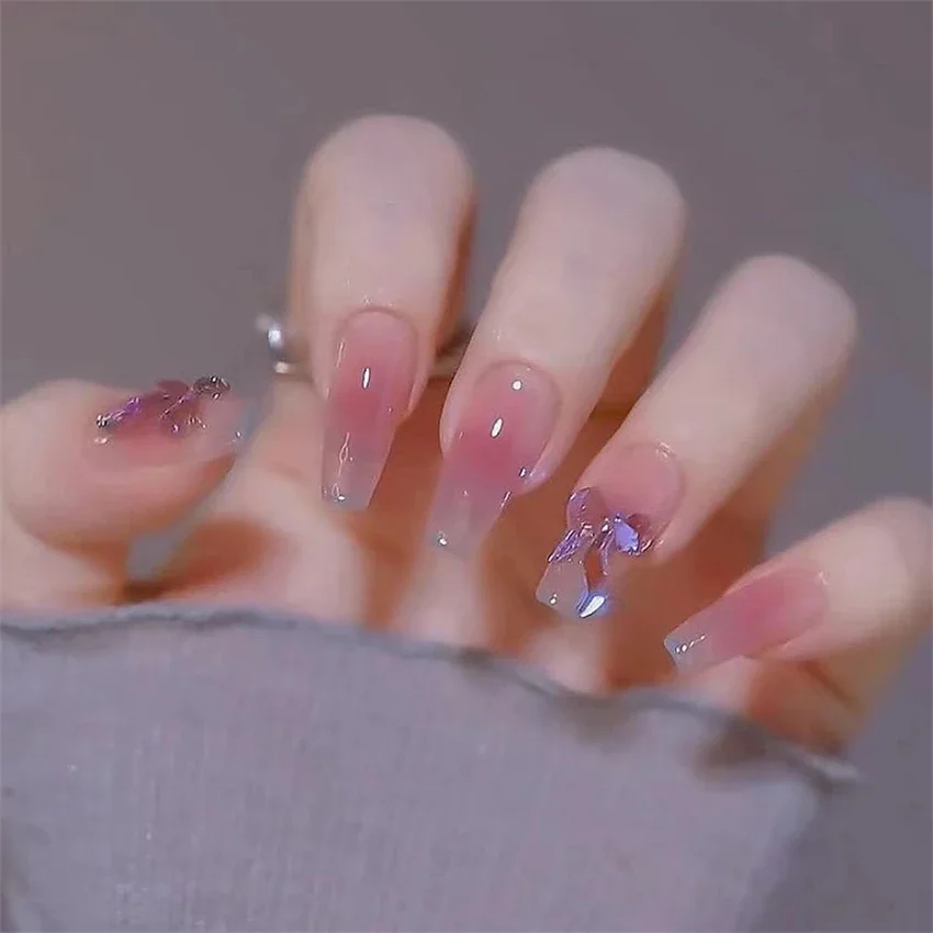 24PCS Medium Rectangular Camellia Wear Fake Nails Full Cover Acrylic Press on Nails Art Pearl Wear False Nail Finished Product