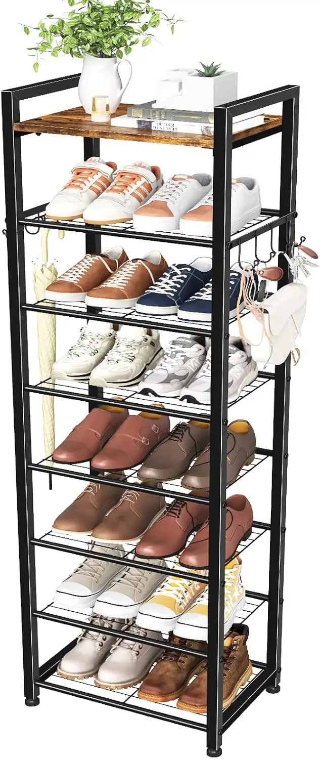 Simple Popular 8 Layer 16 Pairs High Wood Shoe Rack with Hooks Storage Rack Sturdy Freestanding Shoe Storage Cabinet