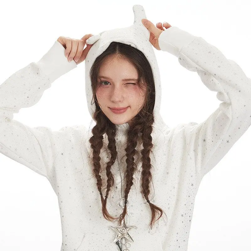 HeyHenry Zipper Hooded ort Cardigan Heavy Embroidery Star Print Slim Fit Women's Faion Autumn Wear Polyester Fiber