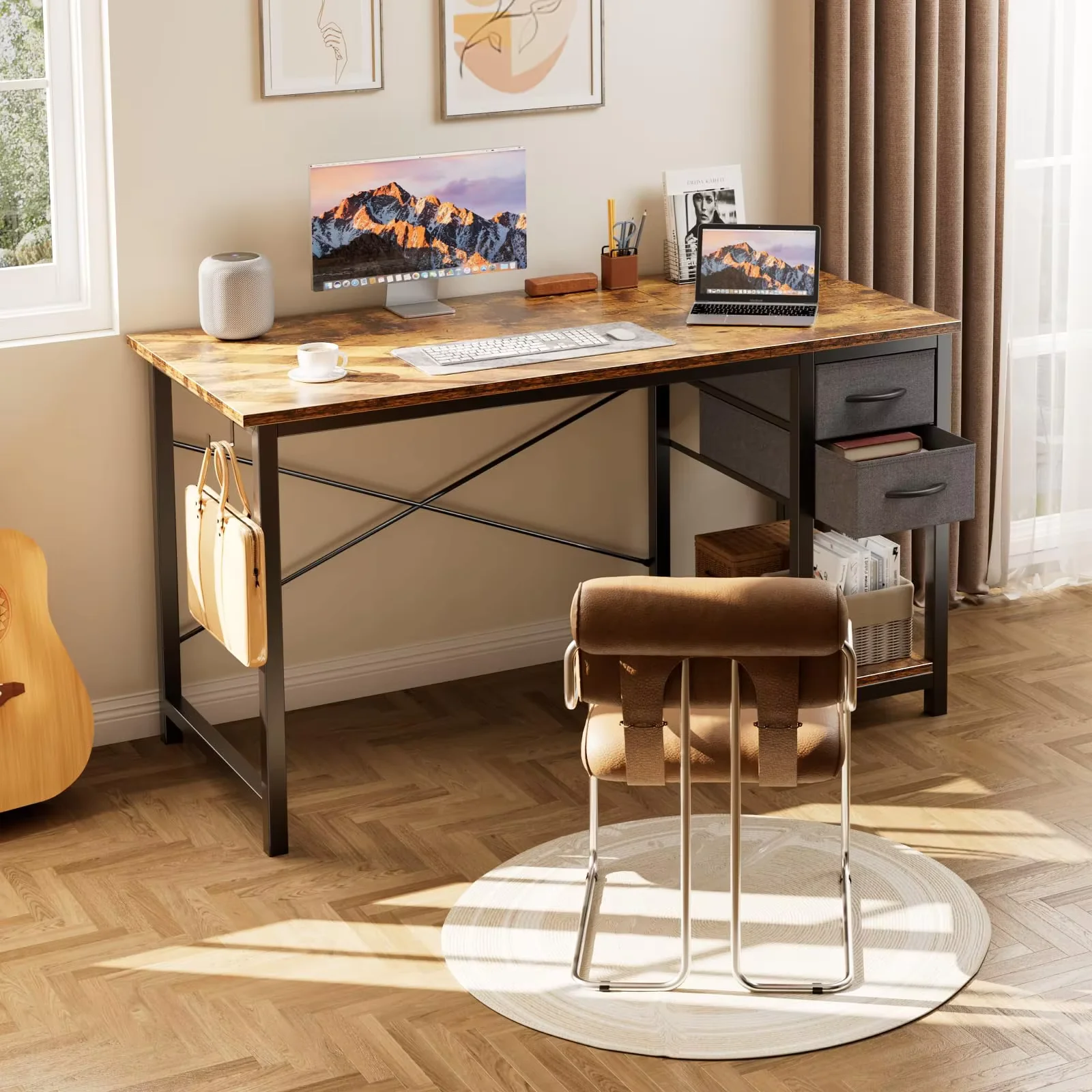 #¥forJHK 47IN Computer Desk with 2 Drawers For Study Office Gaming Wood Table with Adjustable