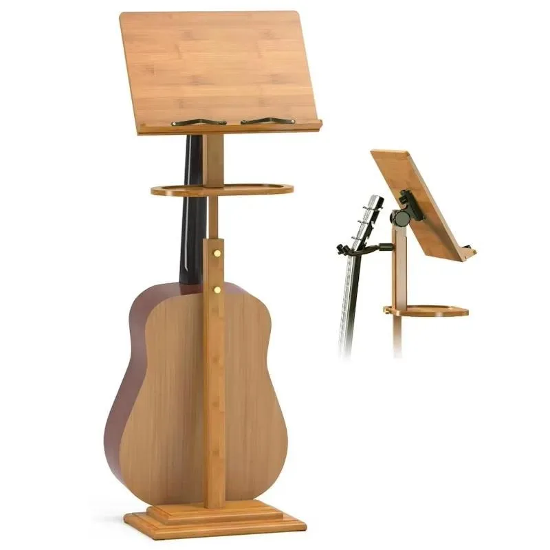 for Bamboo stand with tray, guitar clip, woodchips, music storage for podium, violin, piano, ukulele player