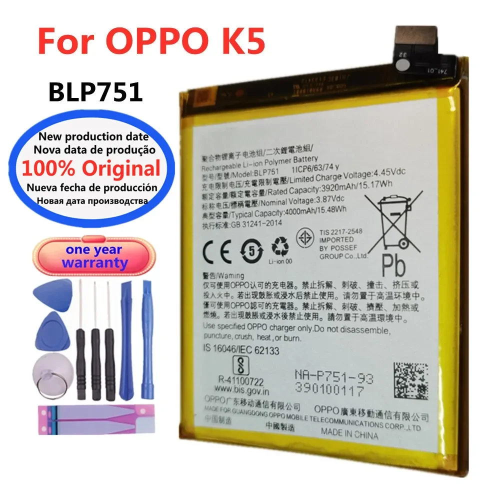 

4000mAh BLP751 100% Original Battery For OPPO K5 Phone High Quality Battery Bateria Fast Deliver + Free Tools