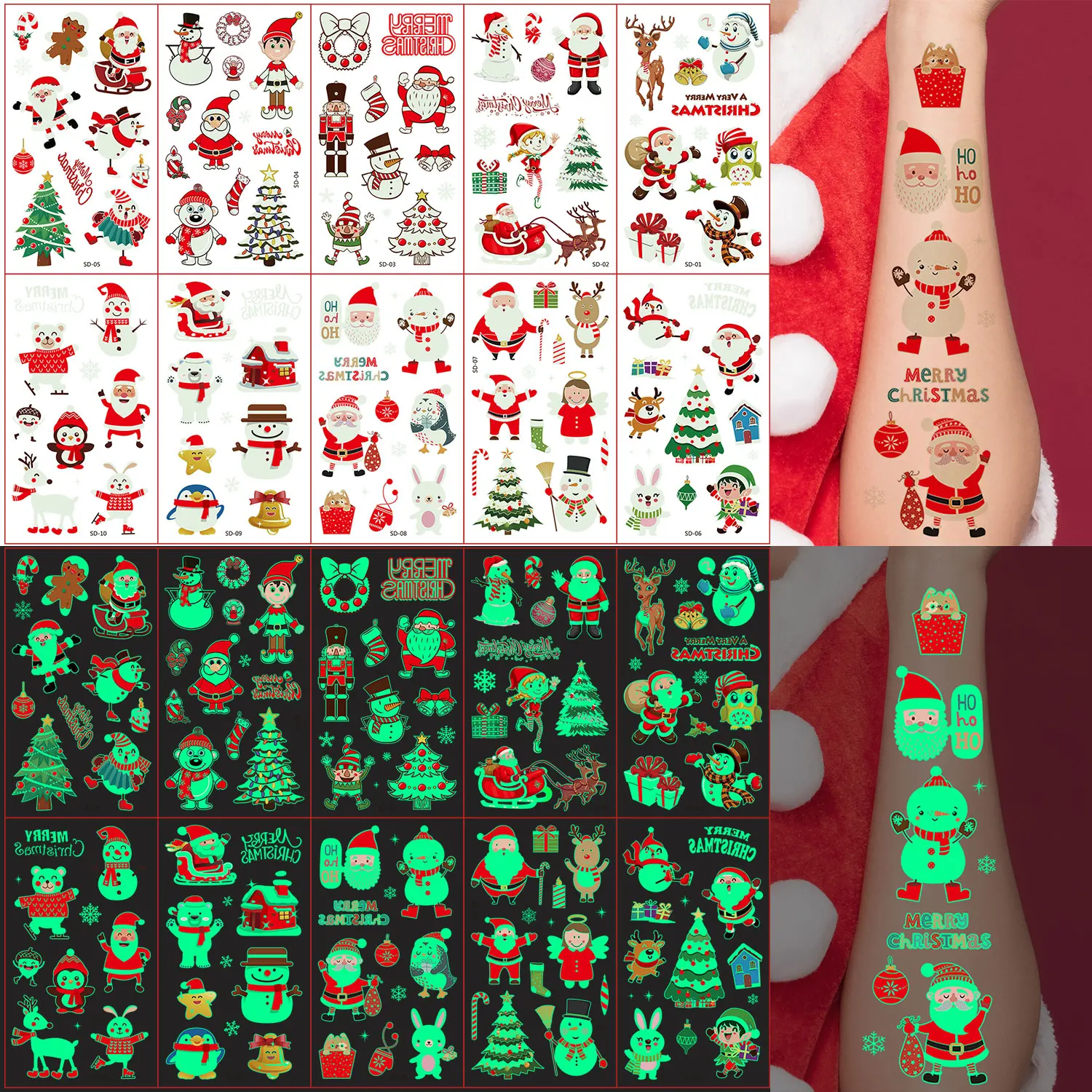 10 ورقات من 92 ملصقات وشم مضيئة بنمط سلسلة عيد الميلاد الكرتونية، وشم مؤقت يتوهج في الظلام، أنماط عنصر عيد الميلاد سانتا كلوز رجل الثلج الأيائل لتزيين عيد الميلاد، ملصقات وشم وهمية واقعية لتزيين عيد الميلاد، مناسبة كهدايا عيد الميلاد