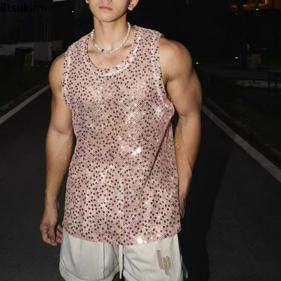 

2025 Men's Casual Hollow Out Tank Tops Summer Streetwear Sleeveless Glitter Sheer Transparent Tops Sexy Mesh Muscle Vest for Men