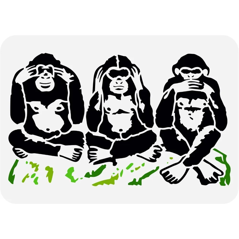 Three Wise Monkeys Stencil 11.7x8.3inch Reusable Thinking Monkeys Painting Stencil Monkey Pattern Animal Themes Drawing