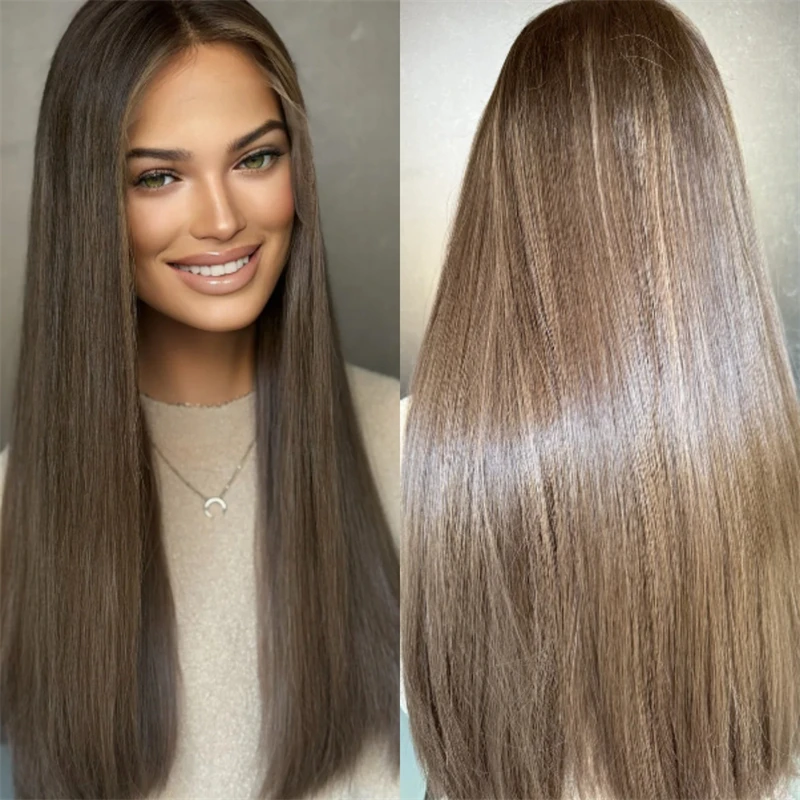 long-soft-straight-wig-13x4-middle-part-ombre-brunette-brown-highlights-synthetic-hd-lace-front-wig-preplucked-hairline-party