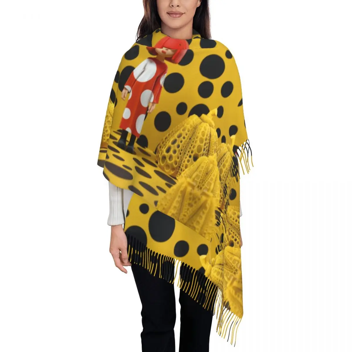 Yayoi Kusama Polka Scarf Wrap for Women Long Winter Fall Warm Tassel Shawl Unisex Pumpkin Scarves