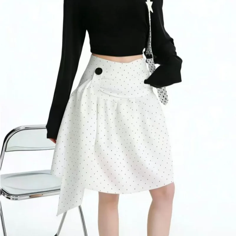 

Summer 2026 Korean Commuter Polka Dot A-shaped Skirt Women's White High-waisted and Thin Versatile Hip-covering Skirt