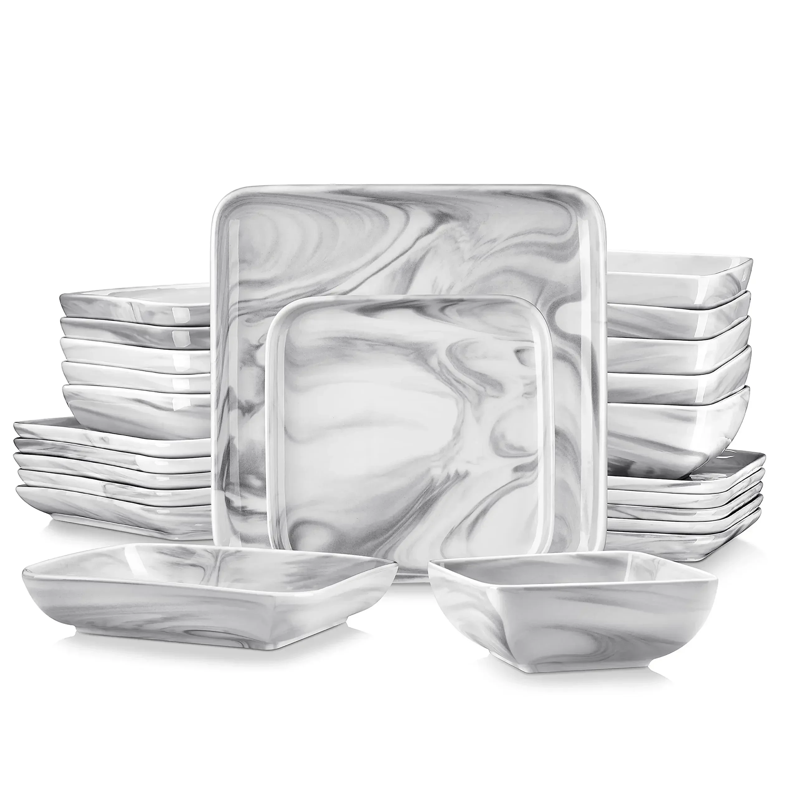 MALACASA Plates and Bowls Sets, 24-Piece Porcelain Dinnerware Sets for 6, Marble Grey Dish Set, Square Dinnerware Set with Dinne