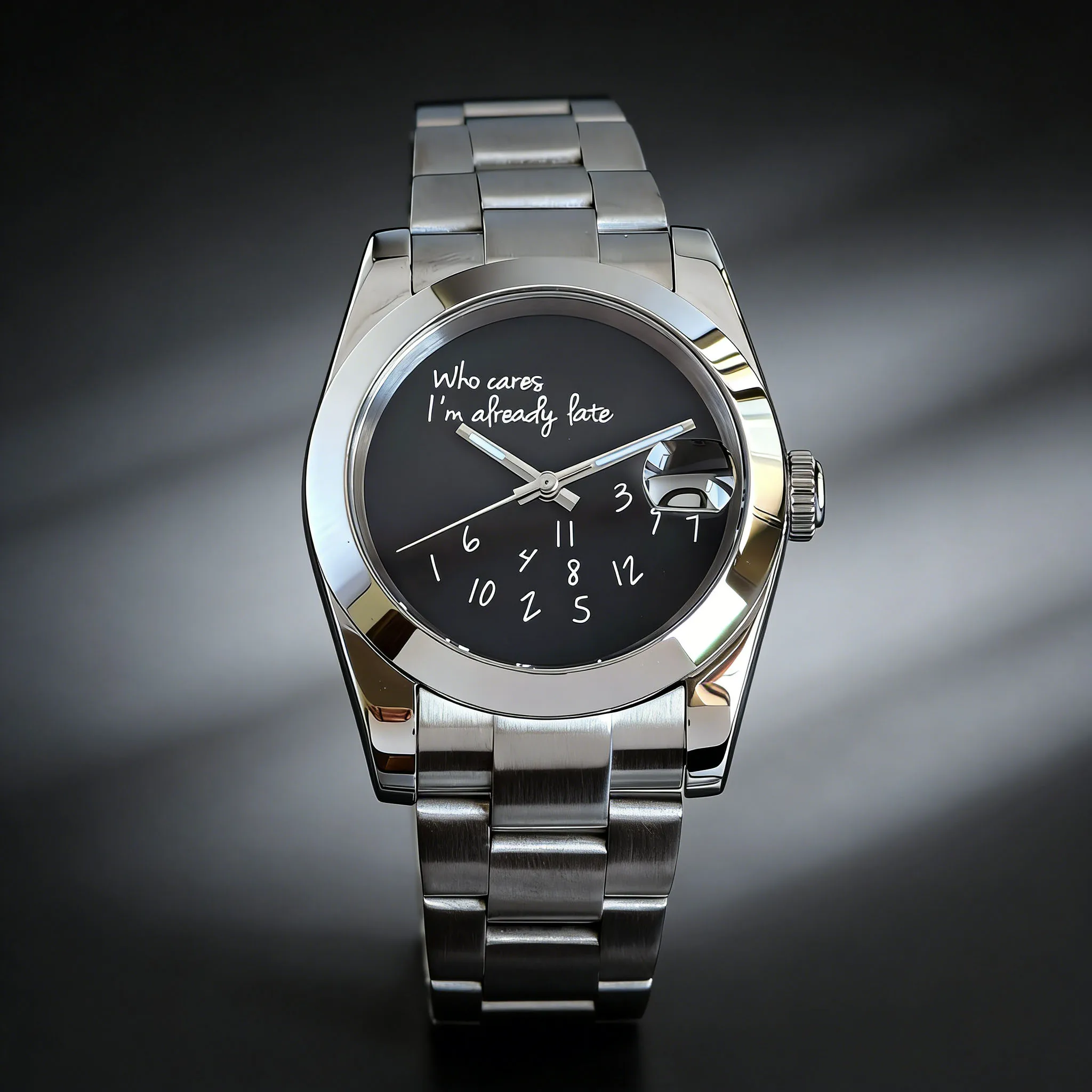 

Мужские часы Who Cares I'm already late, 36/39 мм, с датой, сапфировое стекло, серебристое полированное, механизм NH35 PT5000, автоматический, водонепроницаемость 20 АТМ, для дайвинга